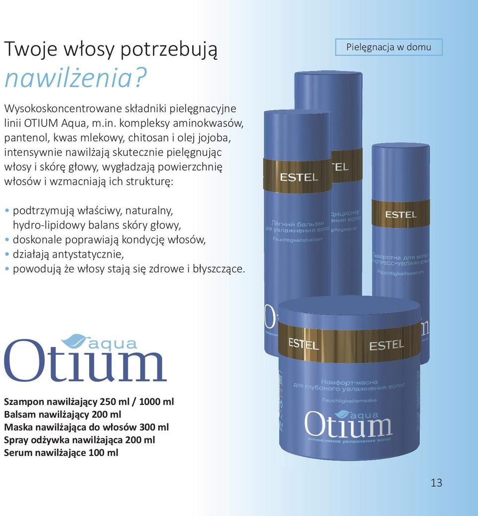 kompleksy aminokwasów, pantenol, kwas mlekowy, chitosan i olej jojoba, intensywnie nawilżają skutecznie pielęgnując włosy i skórę głowy, wygładzają