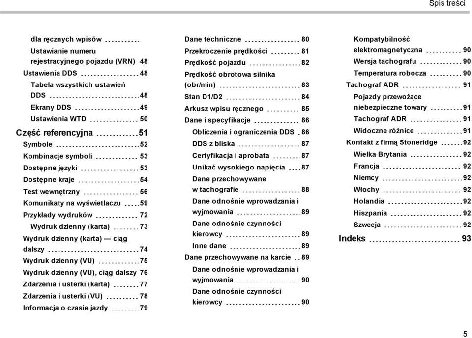 Wydruk dzienny (VU) 75 Wydruk dzienny (VU), ciąg dalszy 76 Zdarzenia i usterki (karta) 77 Zdarzenia i usterki (VU) 78 Informacja o czasie jazdy 79 Dane techniczne 80 Przekroczenie prędkości 81