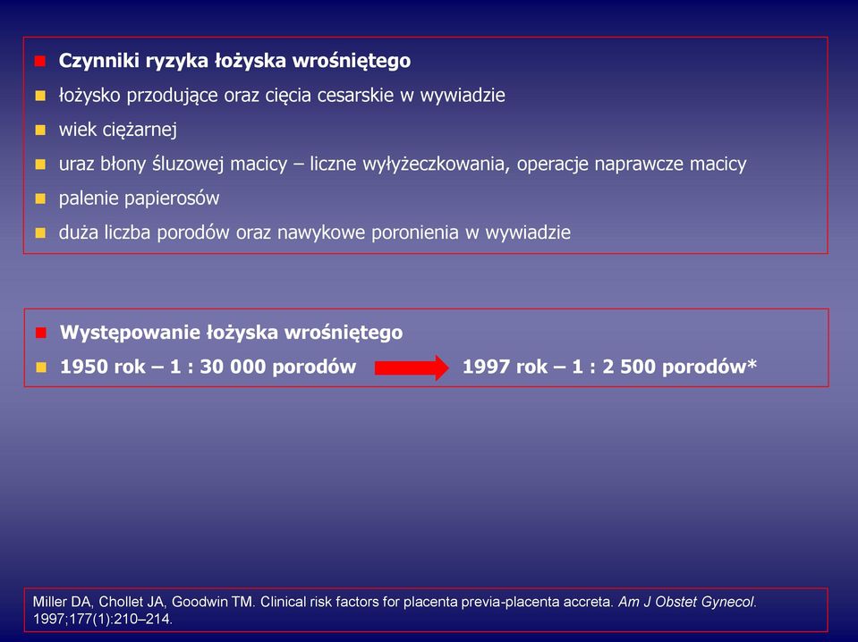 poronienia w wywiadzie Występowanie łożyska wrośniętego 1950 rok 1 : 30 000 porodów 1997 rok 1 : 2 500 porodów* Miller