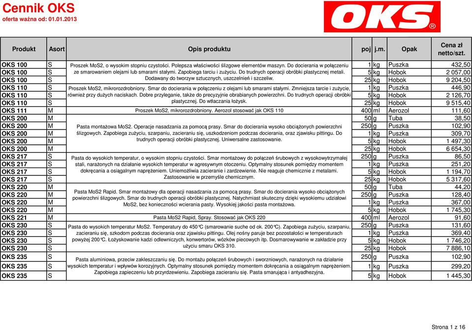 5 kg Hobok 2 057,00 OKS 100 S Dodawany do tworzyw sztucznych, uszczelnień i szczeliw. 25 kg Hobok 9 204,50 OKS 110 S Proszek MoS2, mikrorozdrobniony.