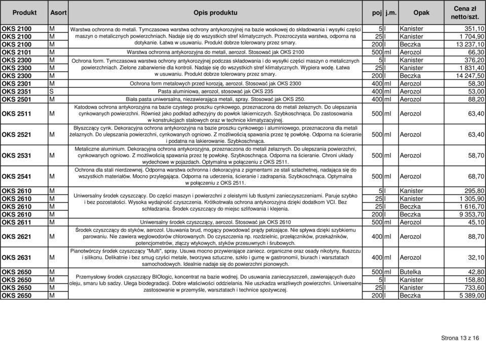 200 l Beczka 13 237,10 OKS 2101 M Warstwa ochronna antykorozyjna do metali, aerozol. Stosować jak OKS 2100 500 ml Aerozol 66,30 OKS 2300 M Ochrona form.