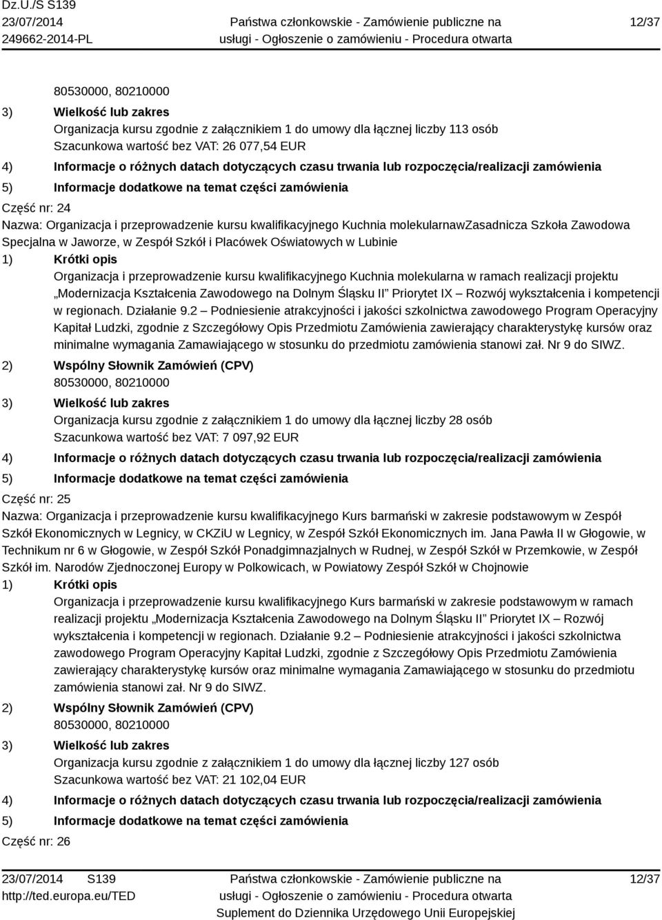 molekularna w ramach realizacji projektu Organizacja kursu zgodnie z załącznikiem 1 do umowy dla łącznej liczby 28 osób Szacunkowa wartość bez VAT: 7 097,92 EUR Część nr: 25 Nazwa: Organizacja i