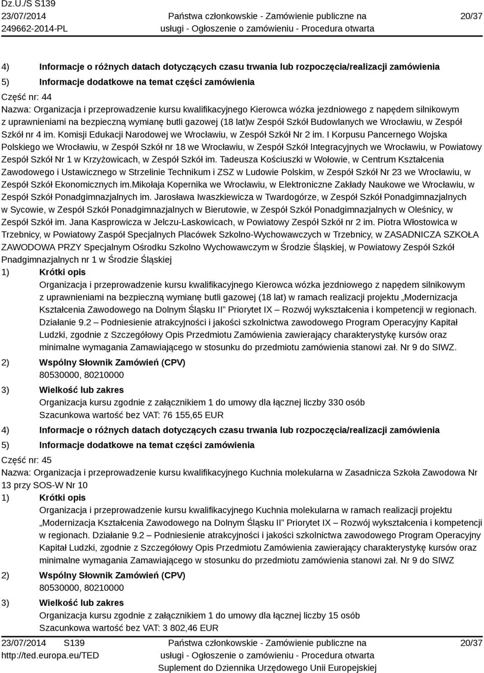 I Korpusu Pancernego Wojska Polskiego we Wrocławiu, w Zespół Szkół nr 18 we Wrocławiu, w Zespół Szkół Integracyjnych we Wrocławiu, w Powiatowy Zespół Szkół Nr 1 w Krzyżowicach, w Zespół Szkół im.