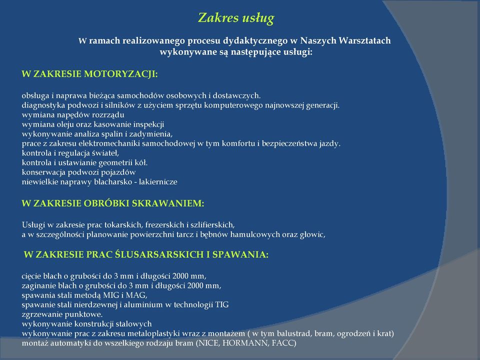 wymiana napędów rozrządu wymiana oleju oraz kasowanie inspekcji wykonywanie analiza spalin i zadymienia, prace z zakresu elektromechaniki samochodowej w tym komfortu i bezpieczeństwa jazdy.