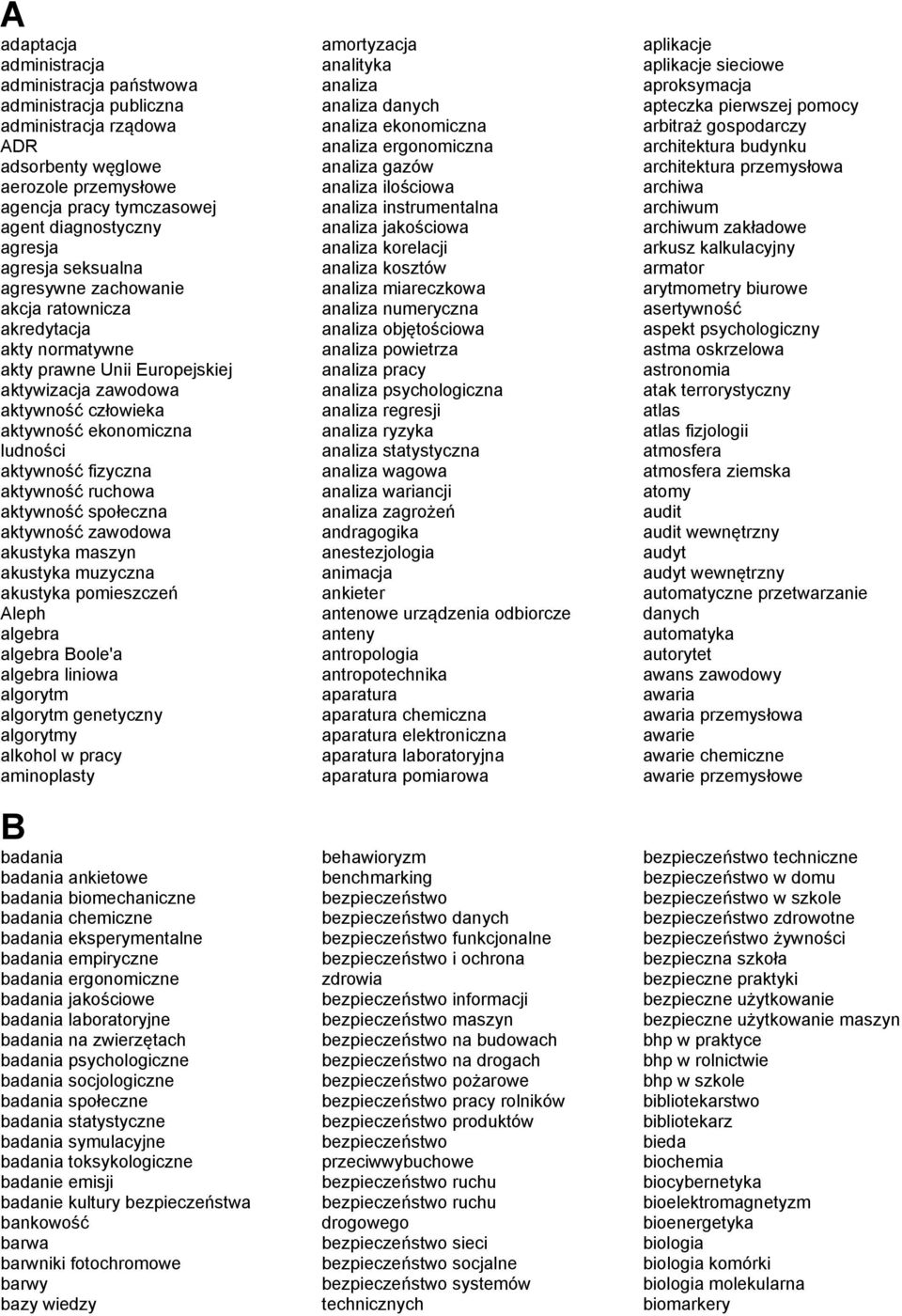 fizyczna aktywność ruchowa aktywność społeczna aktywność zawodowa akustyka maszyn akustyka muzyczna akustyka pomieszczeń Aleph algebra algebra Boole'a algebra liniowa algorytm algorytm genetyczny