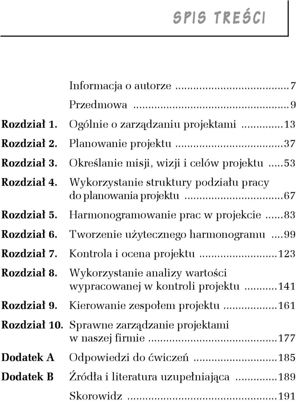 ..83 Rozdział 6. Tworzenie użytecznego harmonogramu...99 Rozdział 7. Kontrola i ocena projektu...123 Rozdział 8. Wykorzystanie analizy wartości wypracowanej w kontroli projektu.