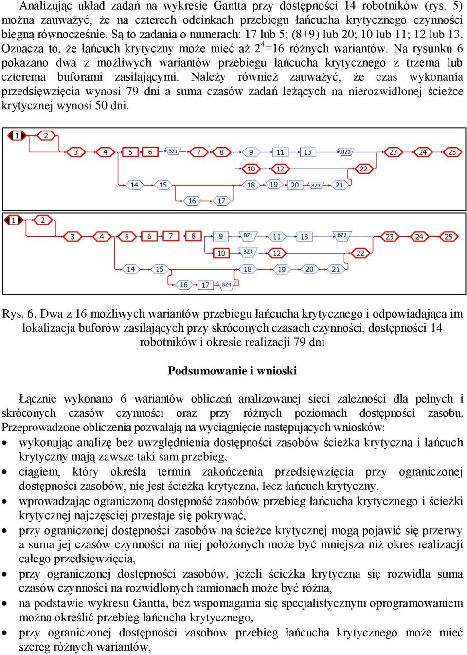 Na rysunku 6 pokazano dwa z możliwych wariantów przebiegu łańcucha krytycznego z trzema lub czterema buforami zasilającymi.