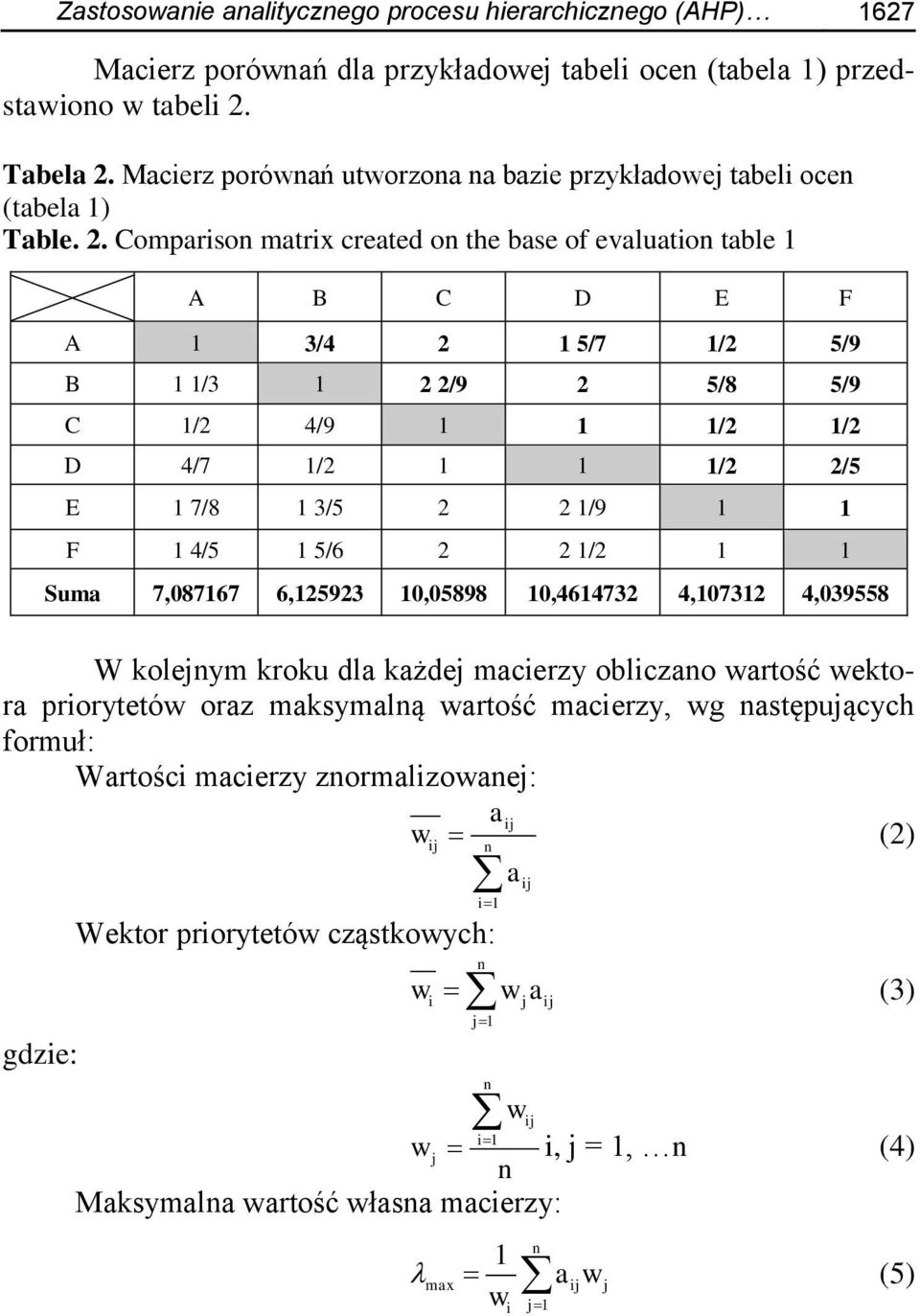 Comparison matrix created on the base of evaluation table 1 A B C D E F A 1 3/4 2 1 5/7 1/2 5/9 B 1 1/3 1 2 2/9 2 5/8 5/9 C 1/2 4/9 1 1 1/2 1/2 D 4/7 1/2 1 1 1/2 2/5 E 1 7/8 1 3/5 2 2 1/9 1 1 F 1 4/5