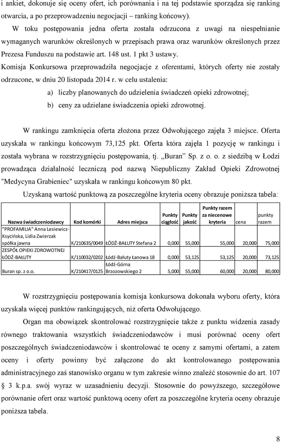 148 ust. 1 pkt 3 ustawy. Komisja Konkursowa przeprowadziła negocjacje z oferentami, których oferty nie zostały odrzucone, w dniu 20 listopada 2014 r.