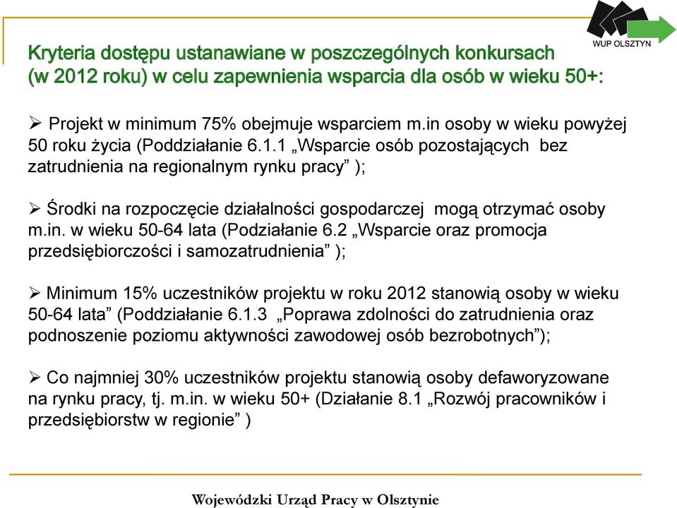 1 Wsparcie osób pozostających bez zatrudnienia na regionalnym rynku pracy ); Środki na rozpoczęcie działalności gospodarczej mogą otrzymać osoby m.in. w wieku 50-64 lata (Podziałanie 6.