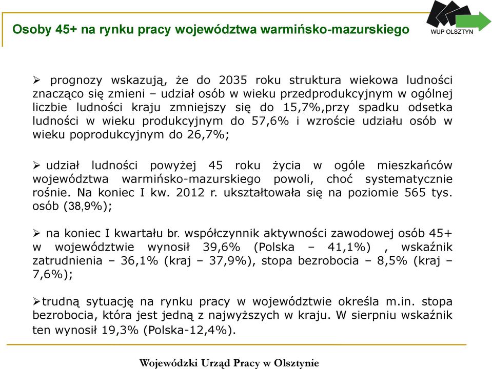 mieszkańców województwa warmińsko-mazurskiego powoli, choć systematycznie rośnie. Na koniec I kw. 2012 r. ukształtowała się na poziomie 565 tys. osób (38,9%); na koniec I kwartału br.