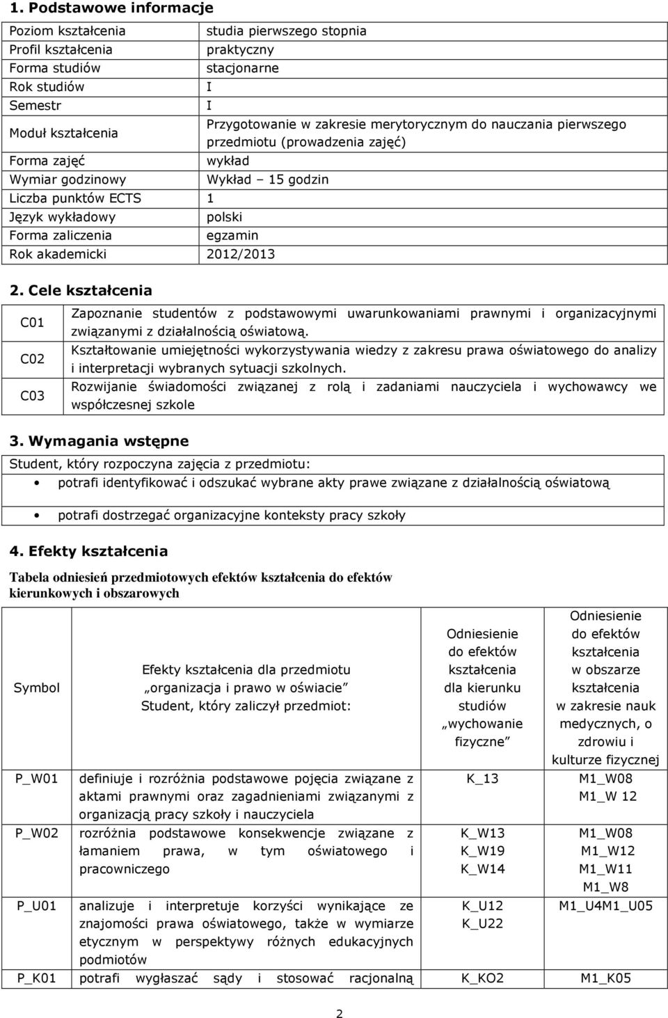 Cele C01 C0 Zapoznanie studentów z podstawowymi uwarunkowaniami prawnymi i organizacyjnymi związanymi z działalnością oświatową.