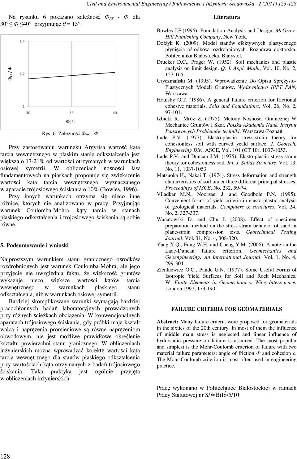 Zależność Φ PS - Φ Przy zastosowaniu waruneku Argyrisa wartość kąta tarcia wewnętrznego w łaskim stanie odkształcenia jest większa o 7-% od wartości otrzymanych w warunkach osiowej symetrii.