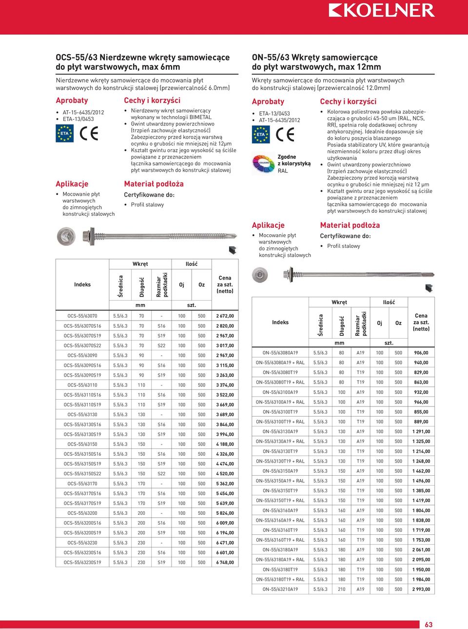 ściśle powiązane z przeznaczeniem łącznika samowiercącego do mocowania płyt warstwowych stalowej za OCS-55/63070 55/63 70-100 500 2 672,00 OCS-55/63070S16 55/63 70 S16 100 500 2 820,00