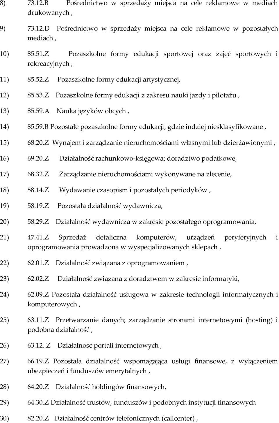 Z Pozaszkolne formy edukacji z zakresu nauki jazdy i pilotażu, 13) 85.59.A Nauka języków obcych, 14) 85.59.B Pozostałe pozaszkolne formy edukacji, gdzie indziej niesklasyfikowane, 15) 68.20.