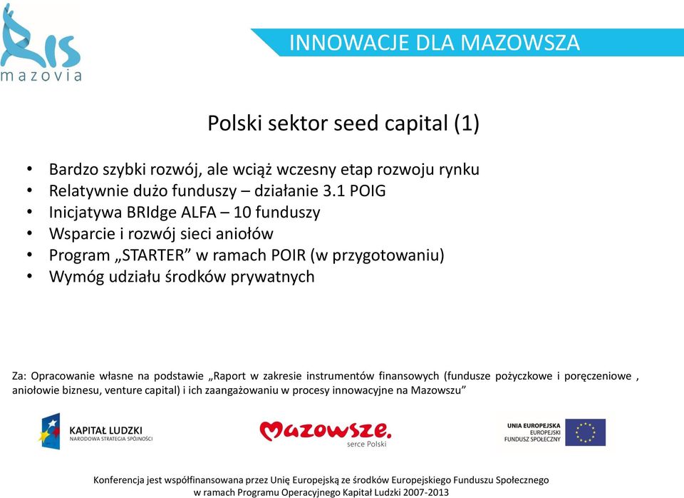 1 POIG Inicjatywa BRIdge ALFA 10 funduszy Wsparcie i rozwój sieci aniołów Program STARTER w ramach POIR (w przygotowaniu)