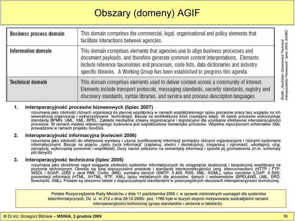 organizację i wykorzystywane technologie. Bazuje na architekturze AGA (następny slajd). W opisie procesów wykorzystuje standardy BPMN, UML, XML, BPEL.