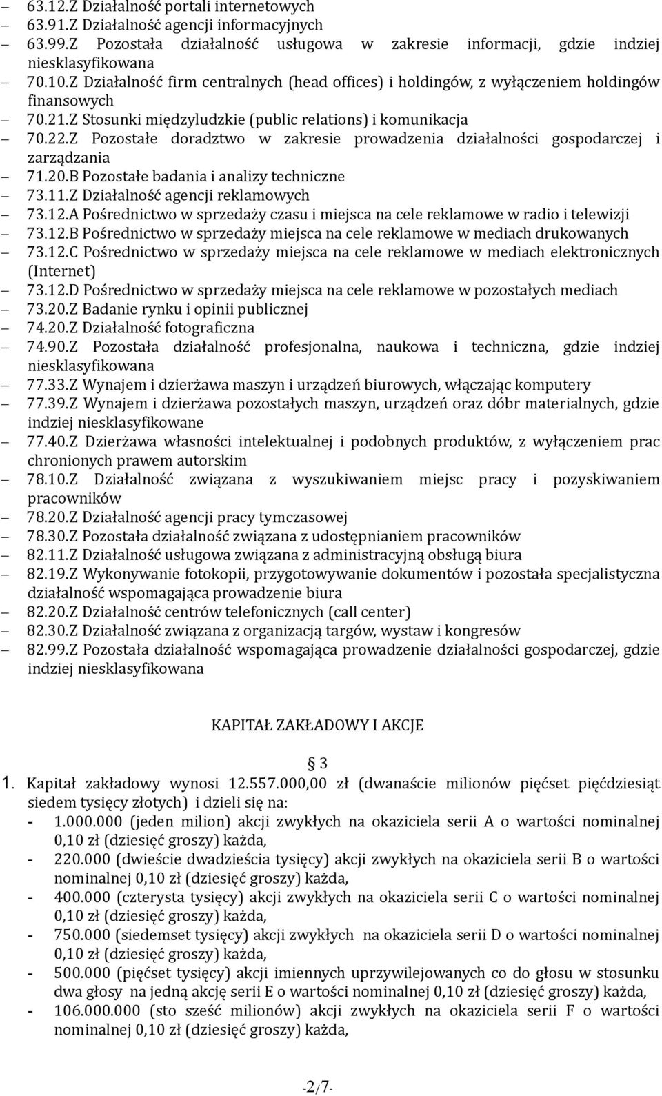 Z Pozostałe doradztwo w zakresie prowadzenia działalności gospodarczej i zarządzania 71.20.B Pozostałe badania i analizy techniczne 73.11.Z Działalność agencji reklamowych 73.12.