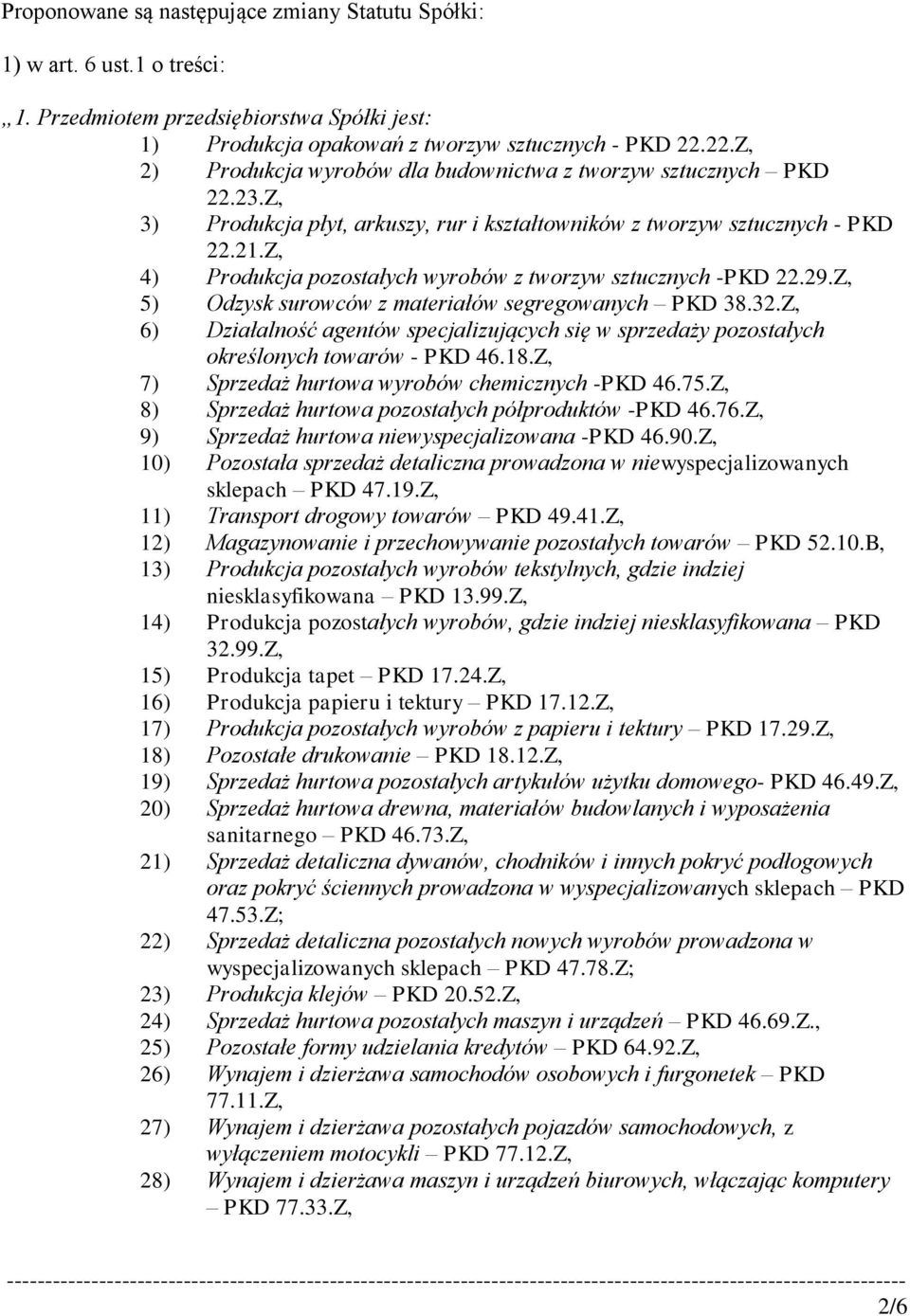 Z, 4) Produkcja pozostałych wyrobów z tworzyw sztucznych -PKD 22.29.Z, 5) Odzysk surowców z materiałów segregowanych PKD 38.32.