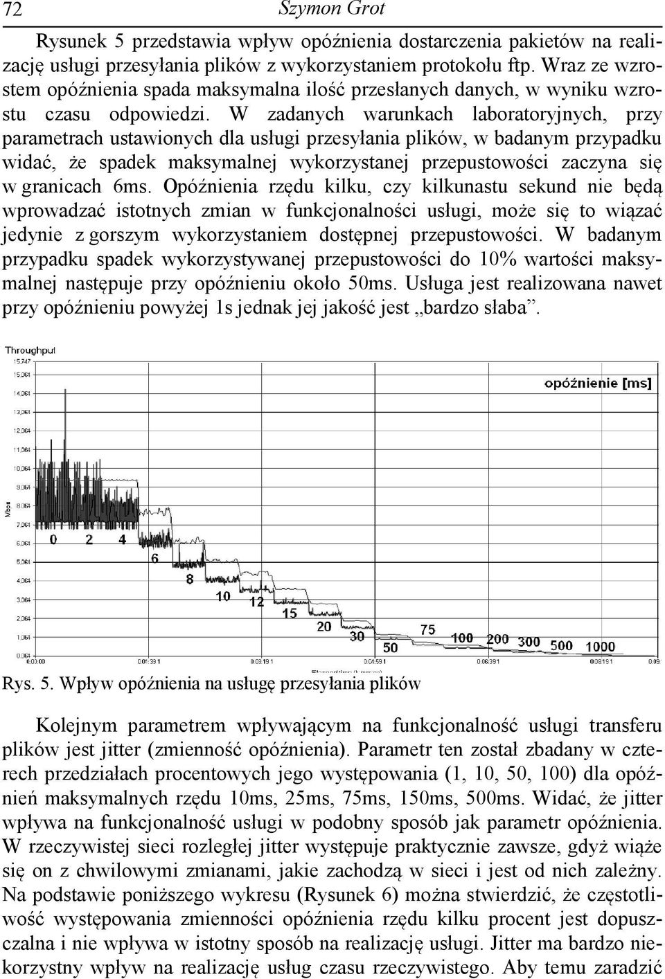 W zadanych warunkach laboratoryjnych, przy parametrach ustawionych dla usługi przesyłania plików, w badanym przypadku widać, że spadek maksymalnej wykorzystanej przepustowości zaczyna się w granicach