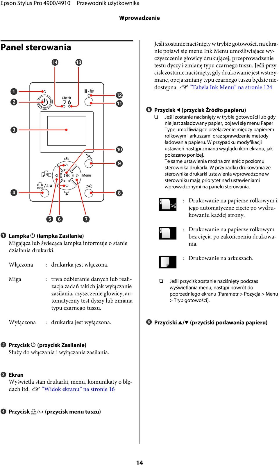 U Tabela Ink Menu na stronie 124 E Przycisk l (przycisk Źródło papieru) Jeśli zostanie naciśnięty w trybie gotowości lub gdy nie jest załadowany papier, pojawi się menu Paper Type umożliwiające