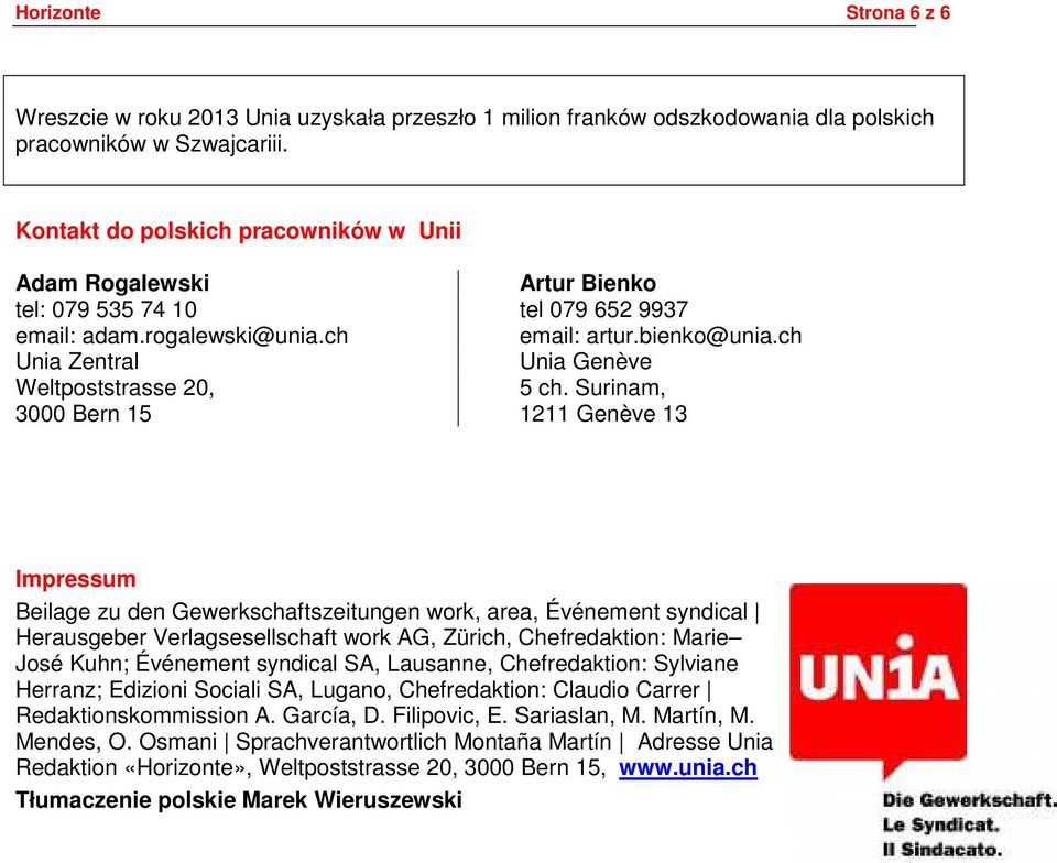 bienko@unia.ch Unia Genève 5 ch.