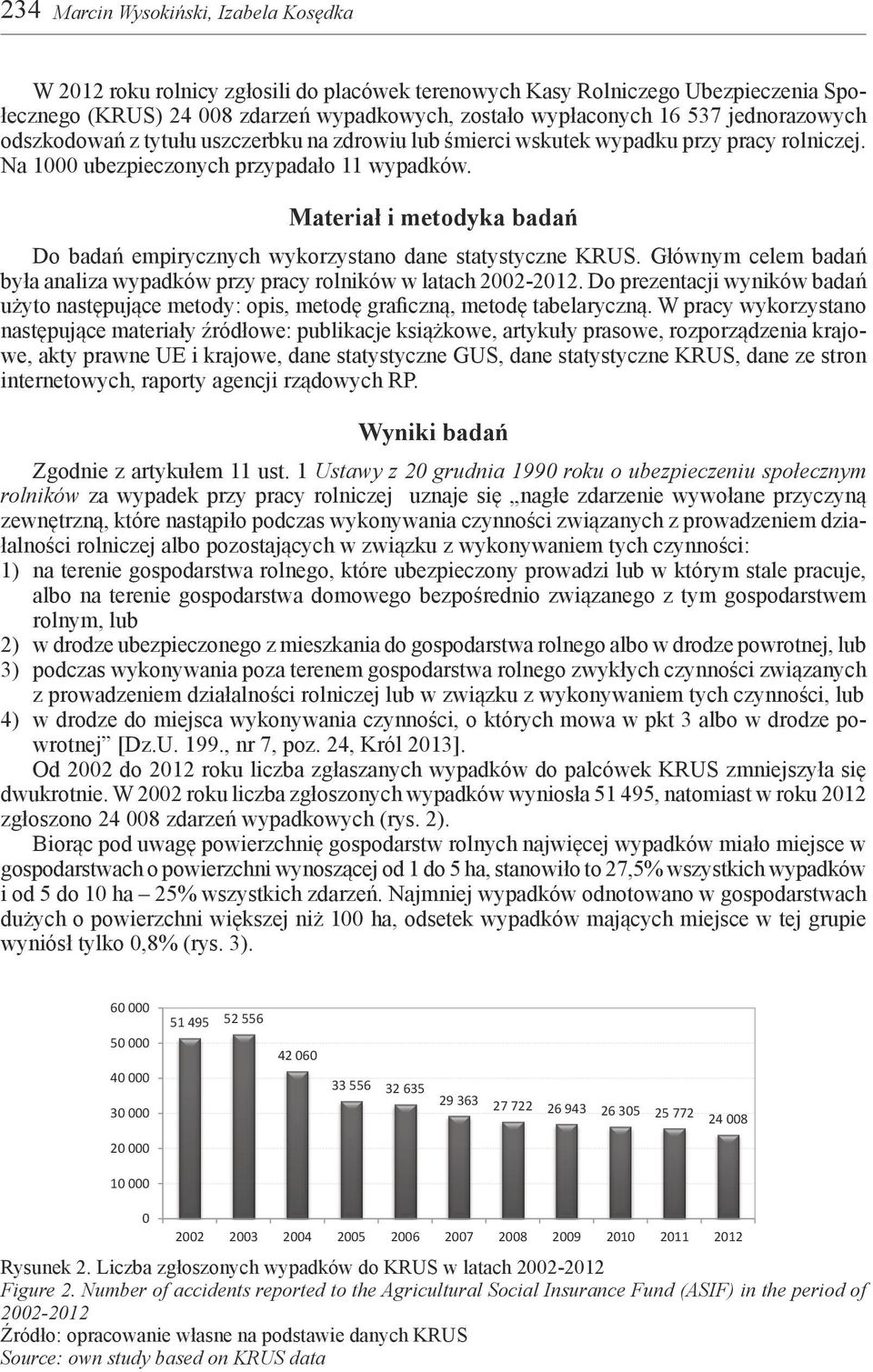 Materiał i metodyka badań Do badań empirycznych wykorzystano dane statystyczne KRUS. Głównym celem badań była analiza wypadków przy pracy rolników w latach 22-212.