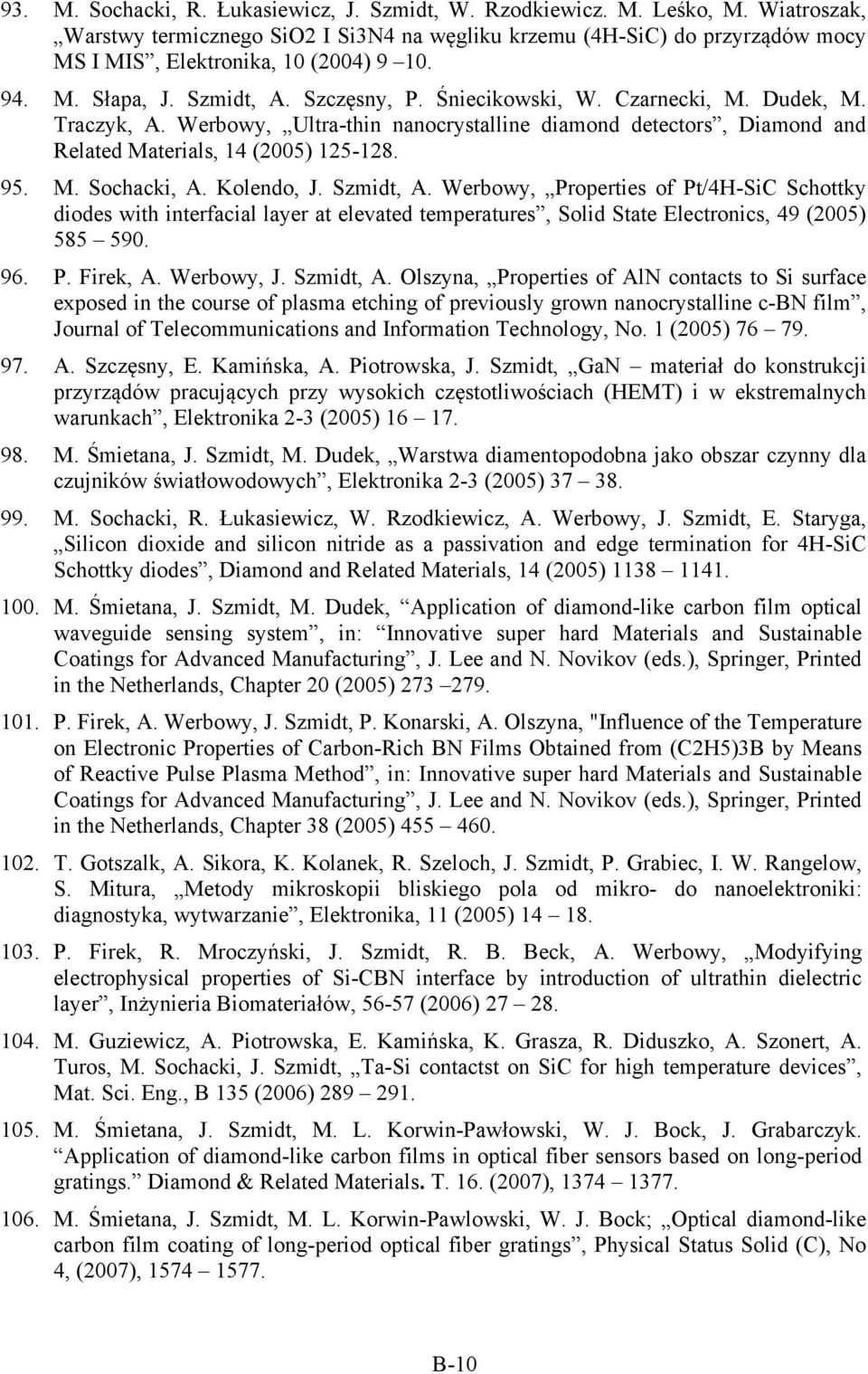 Czarnecki, M. Dudek, M. Traczyk, A. Werbowy, Ultra-thin nanocrystalline diamond detectors, Diamond and Related Materials, 14 (2005) 125-128. 95. M. Sochacki, A. Kolendo, J. Szmidt, A.