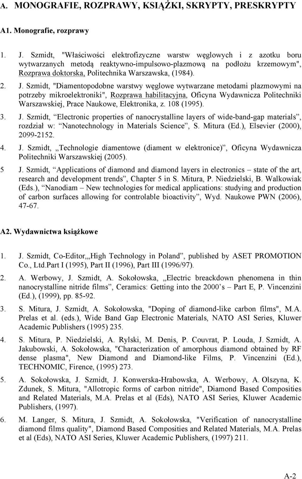 Szmidt, "Diamentopodobne warstwy węglowe wytwarzane metodami plazmowymi na potrzeby mikroelektroniki", Rozprawa habilitacyjna, Oficyna Wydawnicza Politechniki Warszawskiej, Prace Naukowe,