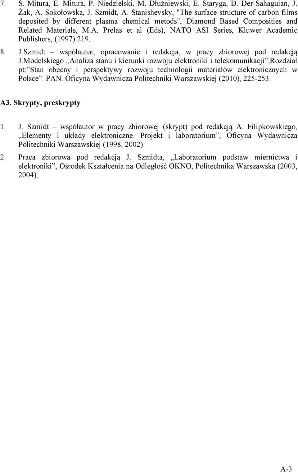 Prelas et al (Eds), NATO ASI Series, Kluwer Academic Publishers, (1997) 219. 8 J.Szmidt współautor, opracowanie i redakcja, w pracy zbiorowej pod redakcją J.