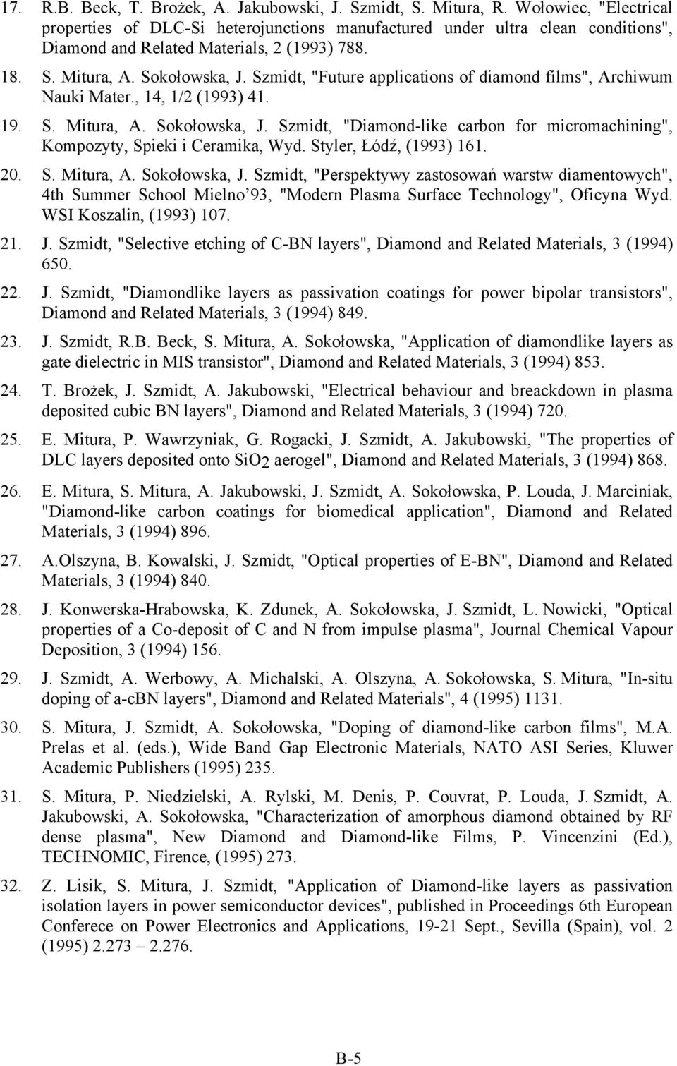 Szmidt, "Future applications of diamond films", Archiwum Nauki Mater., 14, 1/2 (1993) 41. 19. S. Mitura, A. Sokołowska, J.