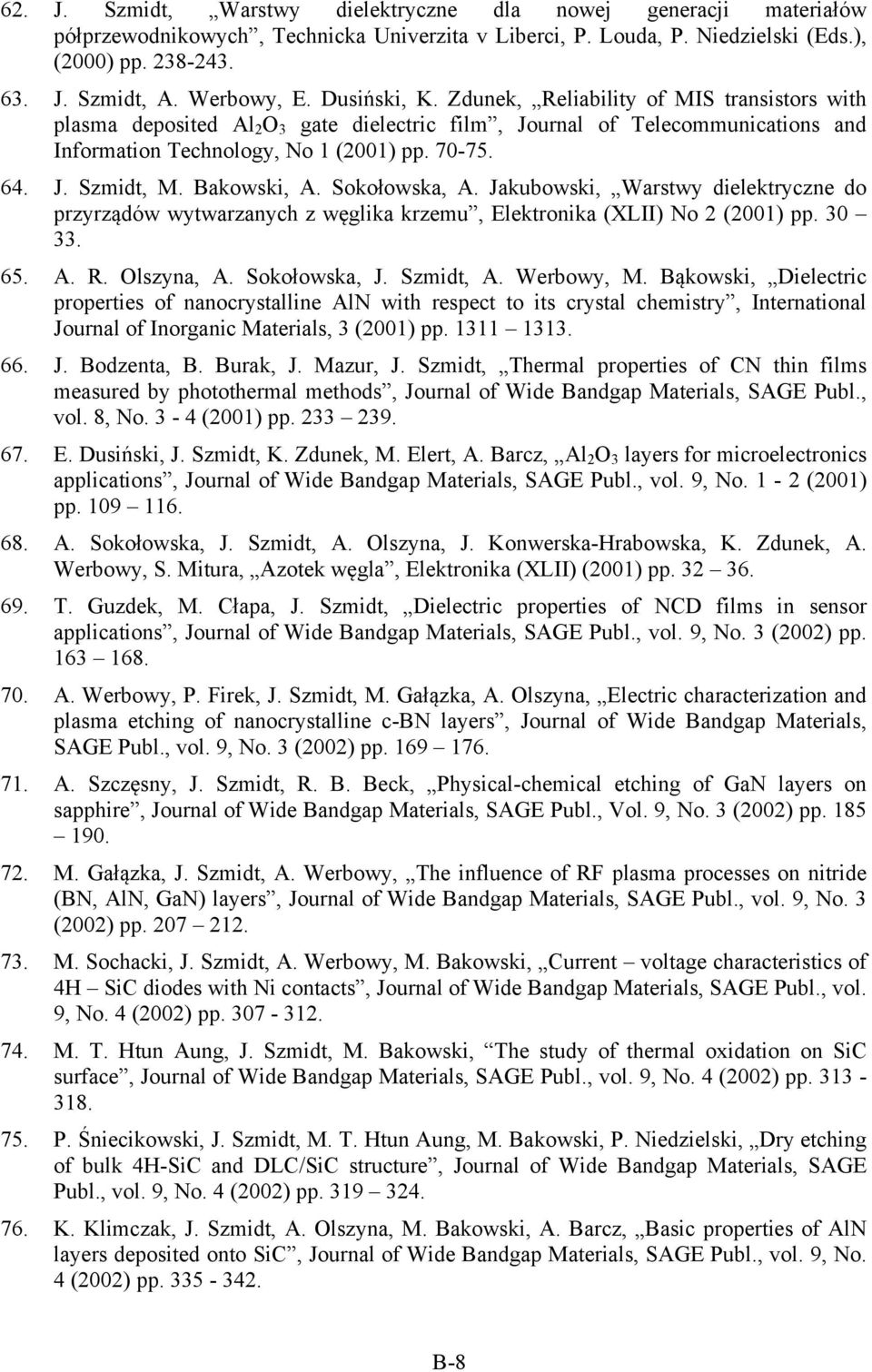 64. J. Szmidt, M. Bakowski, A. Sokołowska, A. Jakubowski, Warstwy dielektryczne do przyrządów wytwarzanych z węglika krzemu, Elektronika (XLII) No 2 (2001) pp. 30 33. 65. A. R. Olszyna, A.