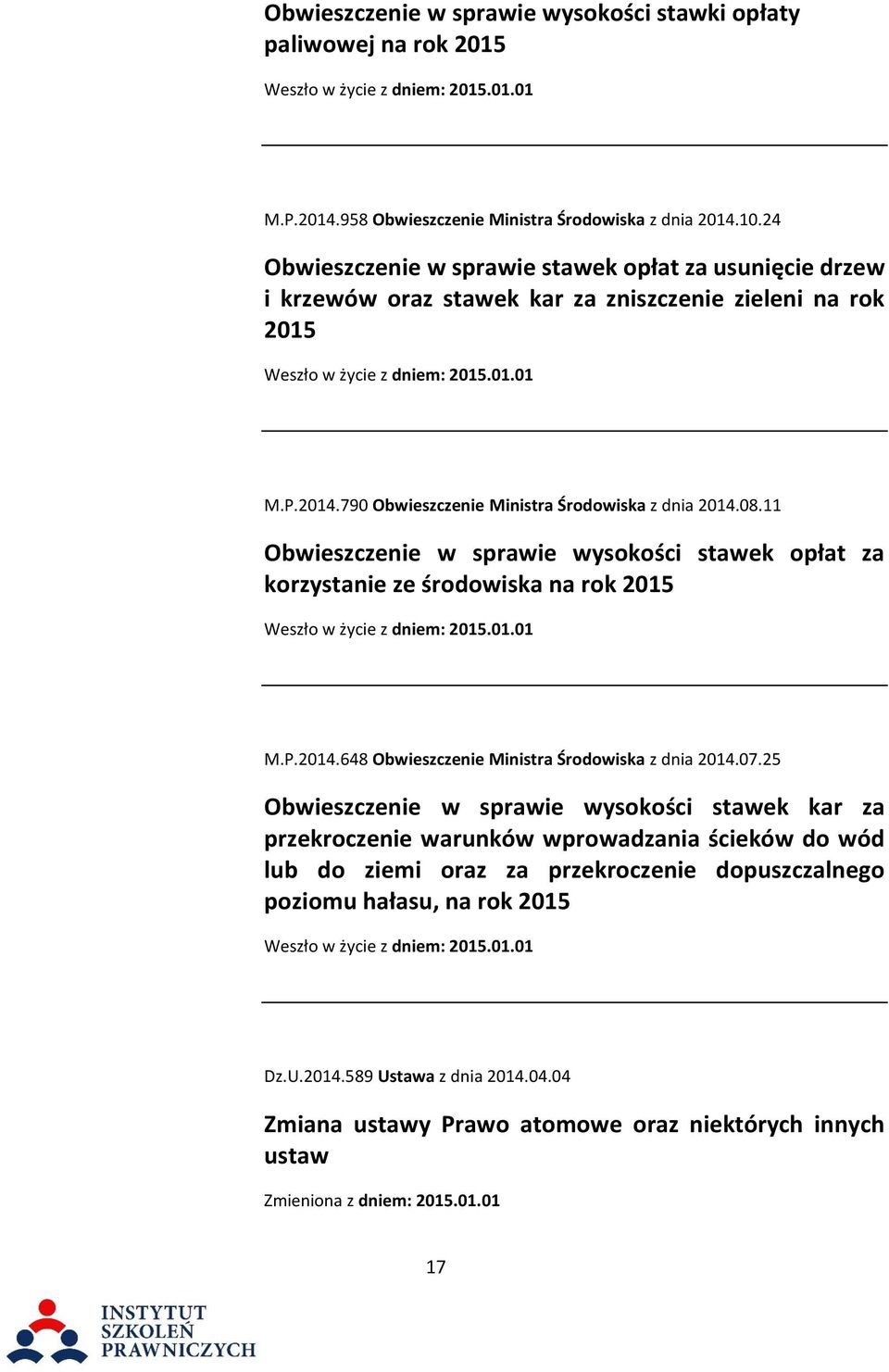 790 Obwieszczenie Ministra Środowiska z dnia 2014.08.11 Obwieszczenie w sprawie wysokości stawek opłat za korzystanie ze środowiska na rok 2015 Weszło w życie z dniem: 2015.01.01 M.P.2014.648 Obwieszczenie Ministra Środowiska z dnia 2014.