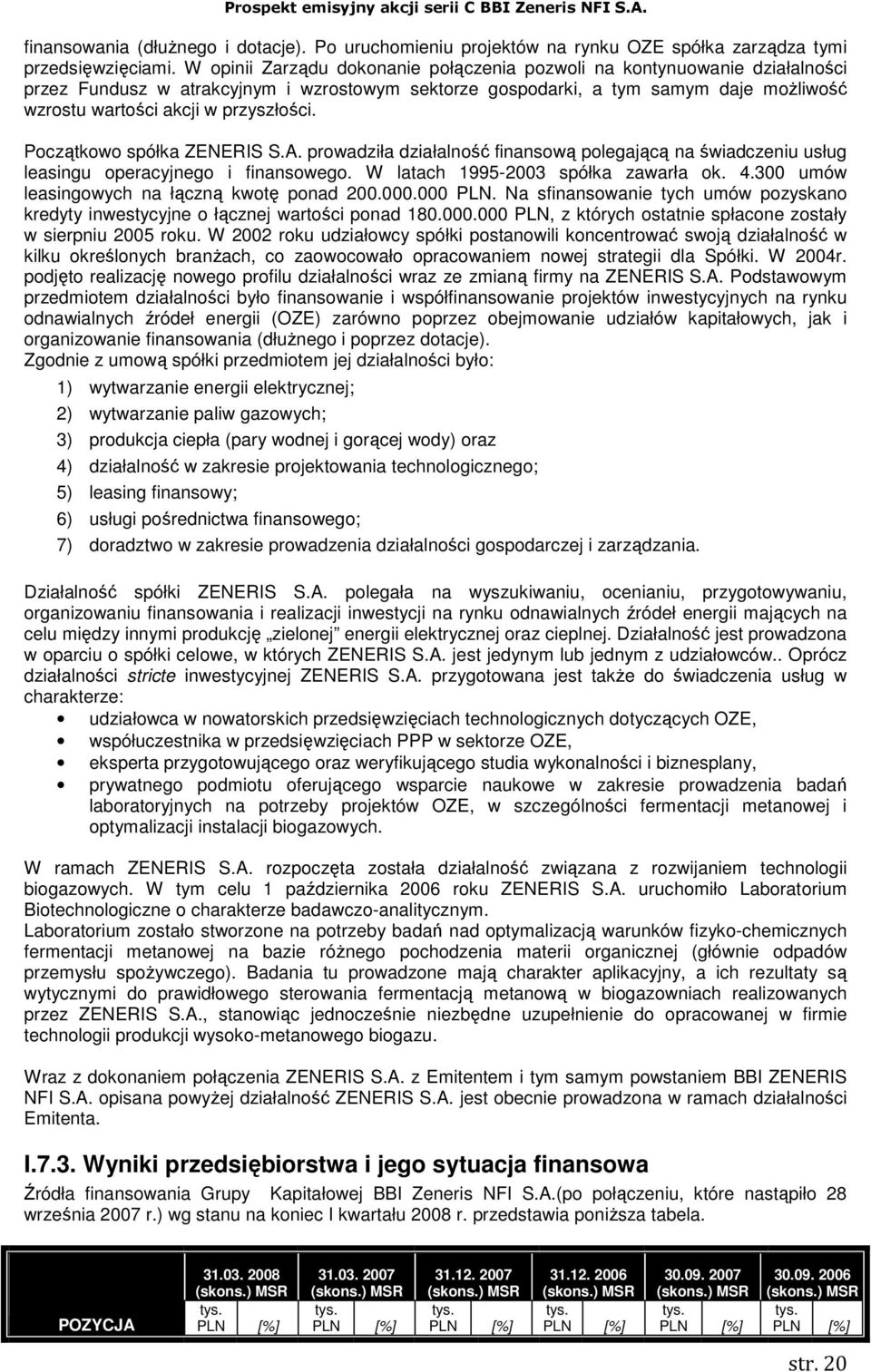 przyszłości. Początkowo spółka ZENERIS S.A. prowadziła działalność finansową polegającą na świadczeniu usług leasingu operacyjnego i finansowego. W latach 1995-2003 spółka zawarła ok. 4.