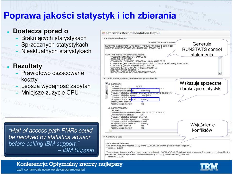 Mniejsze zuŝycie CPU Generuje RUNSTATS control statements Wskazuje sprzeczne i brakujące statystyki Half