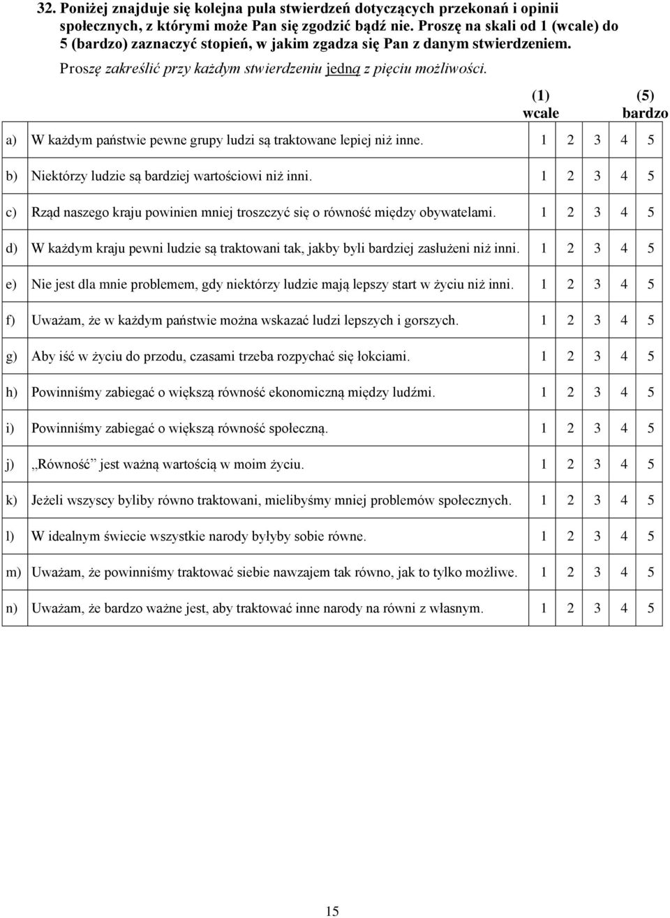 (1) wcale (5) bardzo a) W każdym państwie pewne grupy ludzi są traktowane lepiej niż inne. 1 2 3 4 5 b) Niektórzy ludzie są bardziej wartościowi niż inni.