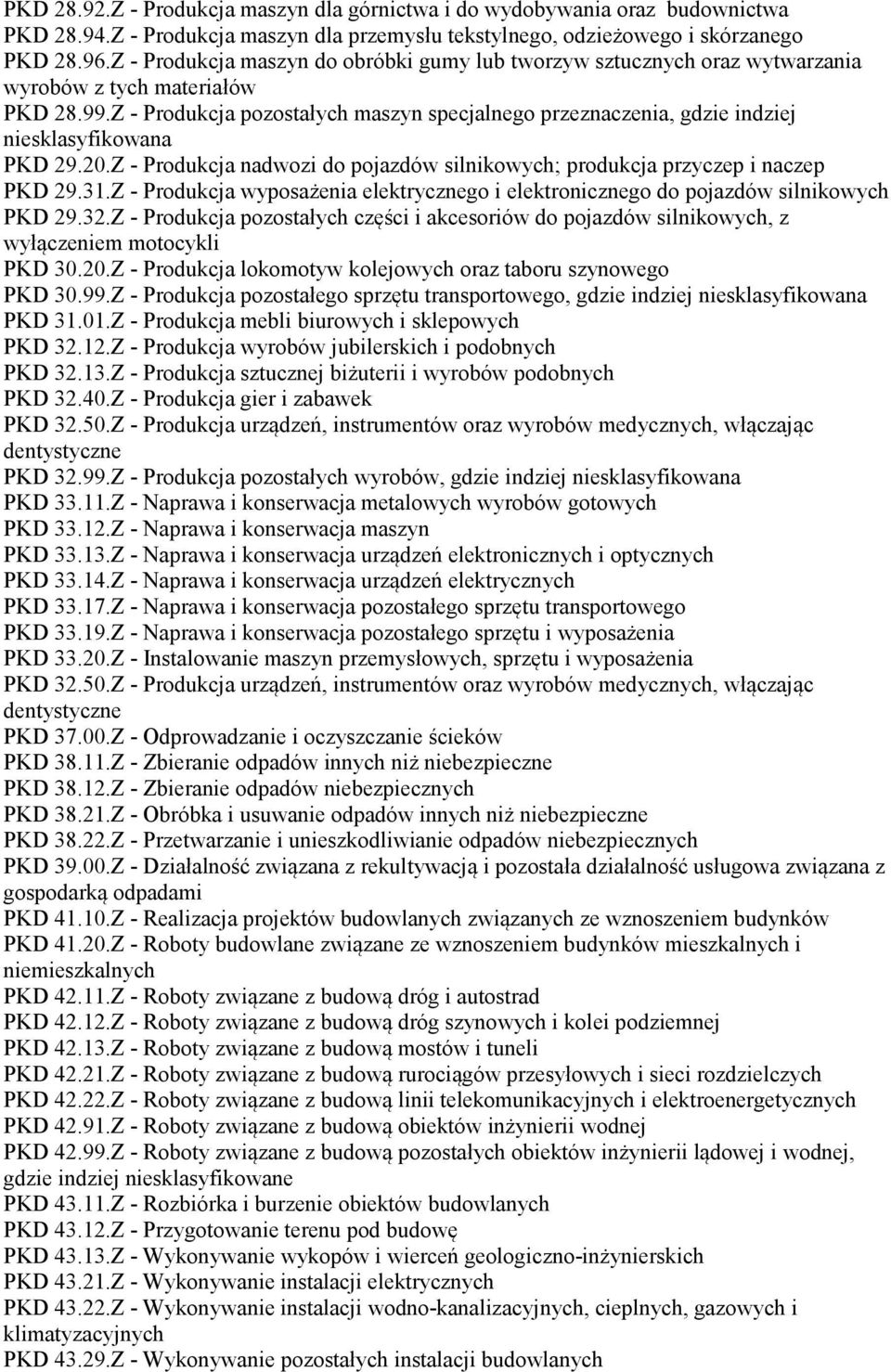 Z - Produkcja nadwozi do pojazdów silnikowych; produkcja przyczep i naczep PKD 29.31.Z - Produkcja wyposażenia elektrycznego i elektronicznego do pojazdów silnikowych PKD 29.32.