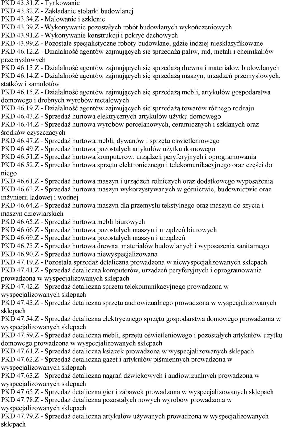 Z - Działalność agentów zajmujących się sprzedażą paliw, rud, metali i chemikaliów przemysłowych PKD 46.13.Z - Działalność agentów zajmujących się sprzedażą drewna i materiałów budowlanych PKD 46.14.