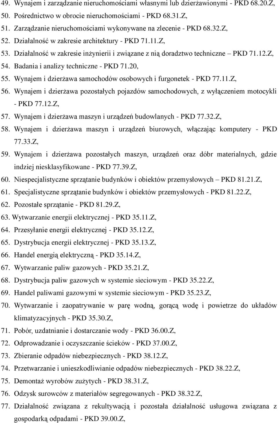 Działalność w zakresie inżynierii i związane z nią doradztwo techniczne PKD 71.12.Z, 54. Badania i analizy techniczne - PKD 71.20, 55. Wynajem i dzierżawa samochodów osobowych i furgonetek - PKD 77.