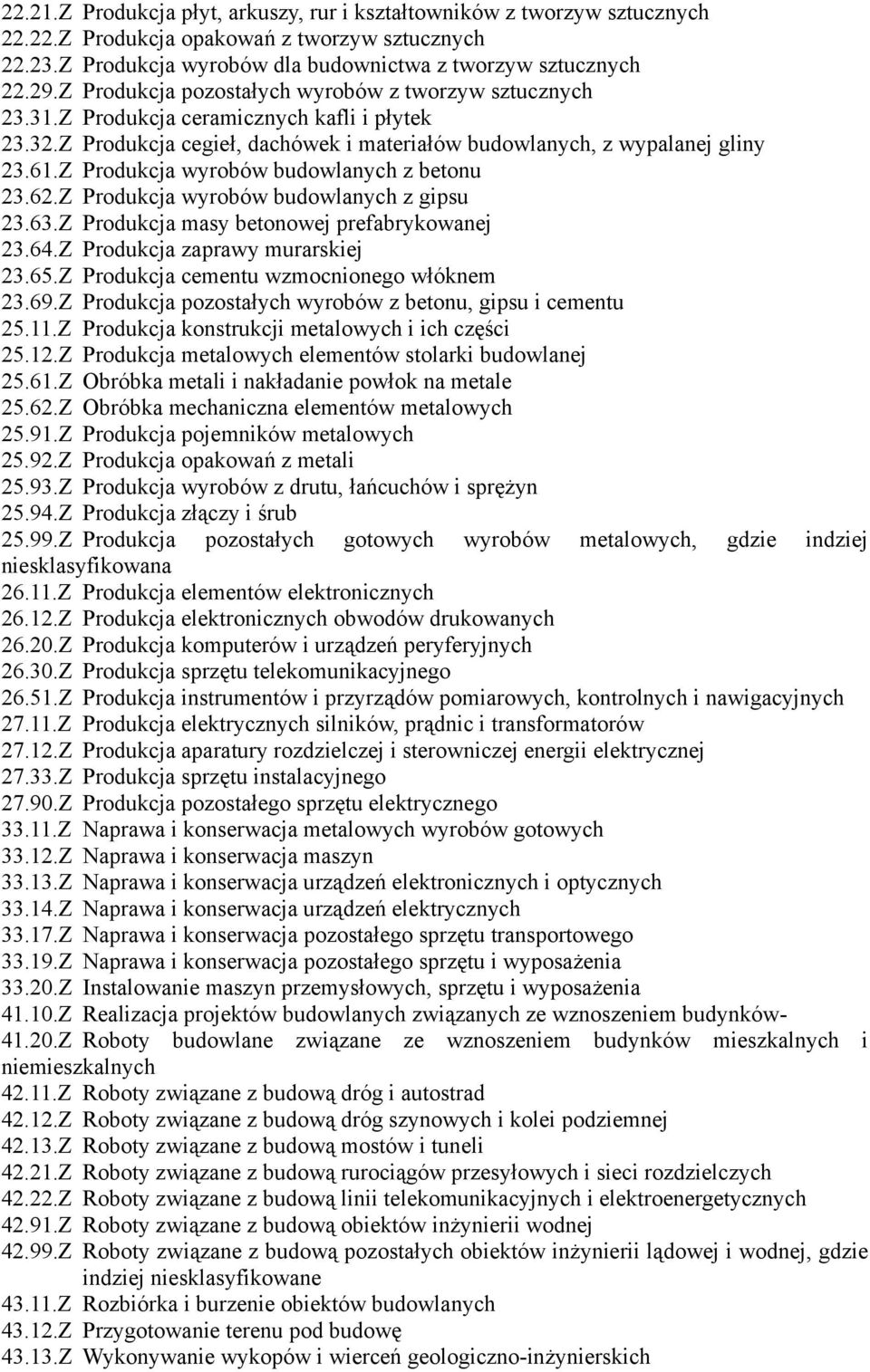 Z Produkcja wyrobów budowlanych z betonu 23.62.Z Produkcja wyrobów budowlanych z gipsu 23.63.Z Produkcja masy betonowej prefabrykowanej 23.64.Z Produkcja zaprawy murarskiej 23.65.