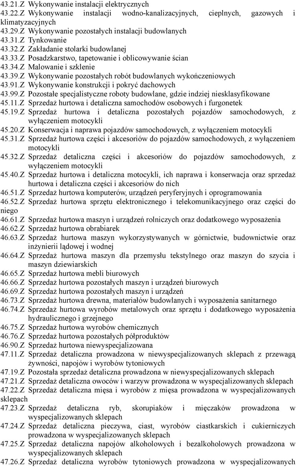 Z Wykonywanie pozostałych robót budowlanych wykończeniowych 43.91.Z Wykonywanie konstrukcji i pokryć dachowych 43.99.Z Pozostałe specjalistyczne roboty budowlane, gdzie indziej niesklasyfikowane 45.