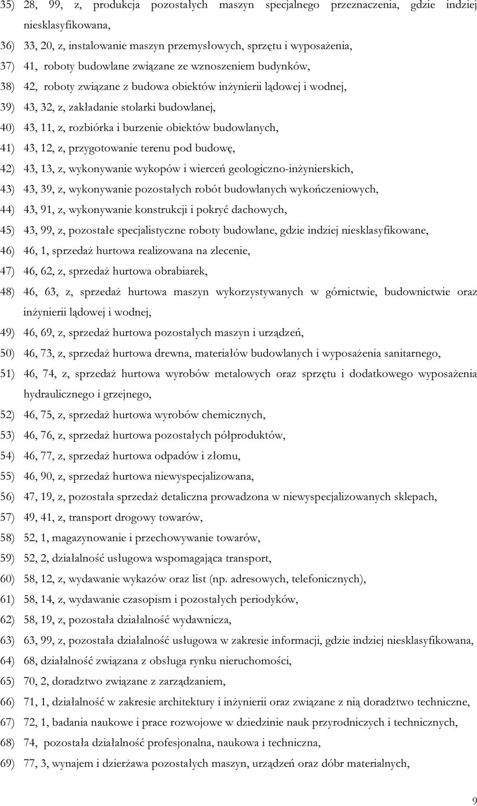 obiektów budowlanych, 41) 43, 12, z, przygotowanie terenu pod budowę, 42) 43, 13, z, wykonywanie wykopów i wierceń geologiczno-inżynierskich, 43) 43, 39, z, wykonywanie pozostałych robót budowlanych