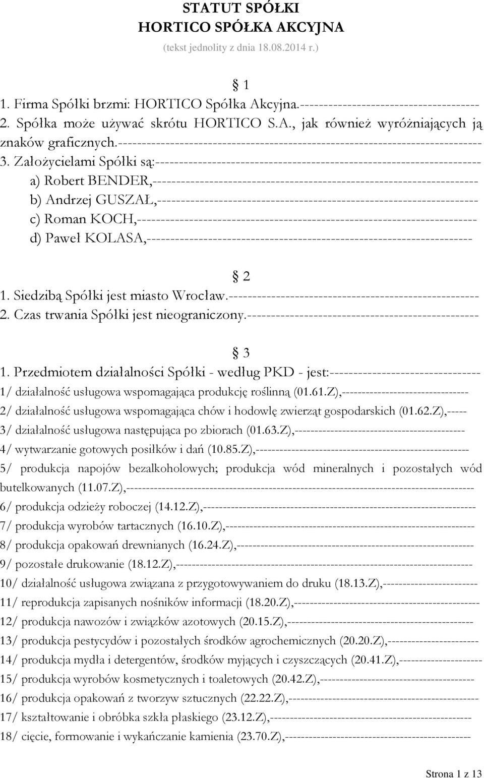 Założycielami Spółki są:--------------------------------------------------------------------- a) Robert BENDER,--------------------------------------------------------------------- b) Andrzej