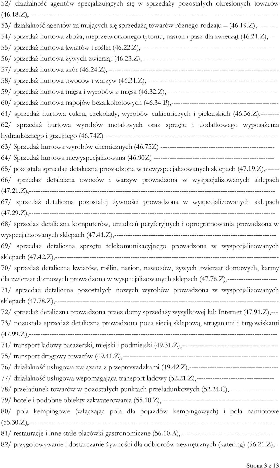 Z),--------- 54/ sprzedaż hurtowa zboża, nieprzetworzonego tytoniu, nasion i pasz dla zwierząt (46.21.Z),---- 55/ sprzedaż hurtowa kwiatów i roślin (46.22.