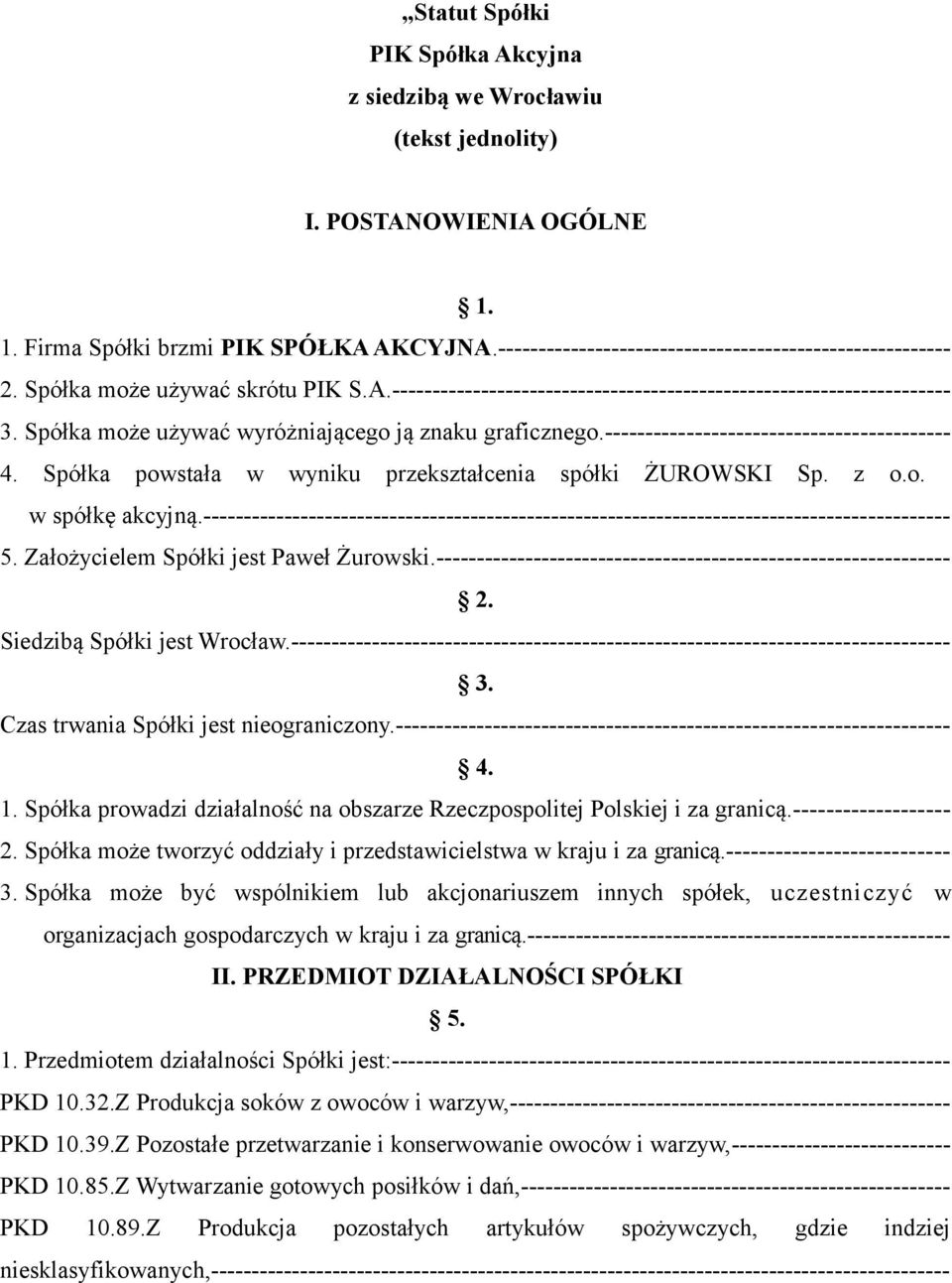 Spółka może używać wyróżniającego ją znaku graficznego.------------------------------------------ 4. Spółka powstała w wyniku przekształcenia spółki ŻUROWSKI Sp. z o.o. w spółkę akcyjną.