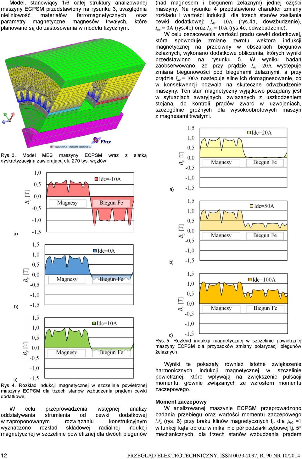 Na rysunku 4 przedstawiono charakter zmiany rozkładu i wartości indukcji dla trzech stanów zasilania cewki dodatkowej: I dc = -10A (rys.4a, dowzbudzenie), I dc = 0A (rys.4 oraz I dc = 10A (rys.