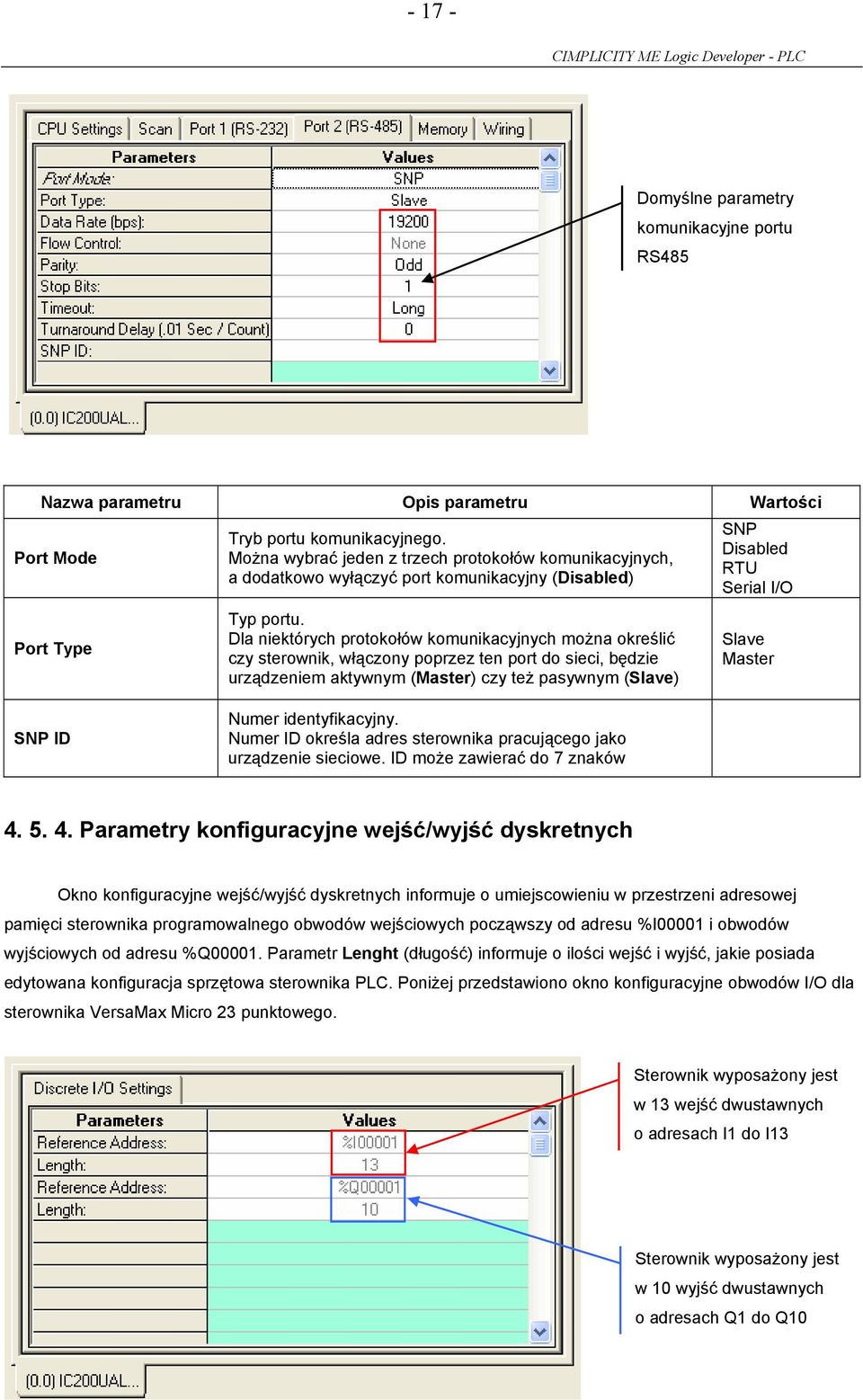 Dla niektórych protokołów komunikacyjnych można określić czy sterownik, włączony poprzez ten port do sieci, będzie urządzeniem aktywnym (Master) czy też pasywnym (Slave) SNP Disabled RTU Serial I/O