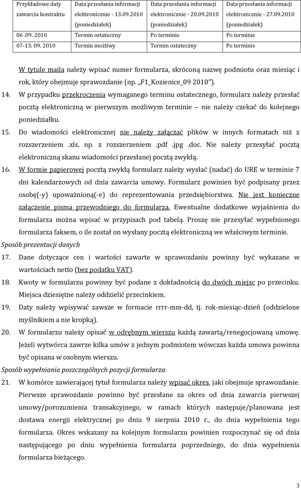 2010 Termin możliwy Termin ostateczny Po terminie W tytule maila należy wpisać numer formularza, skróconą nazwę podmiotu oraz miesiąc i rok, który obejmuje sprawozdanie (np. F1_Kozienice_09 2010 ).