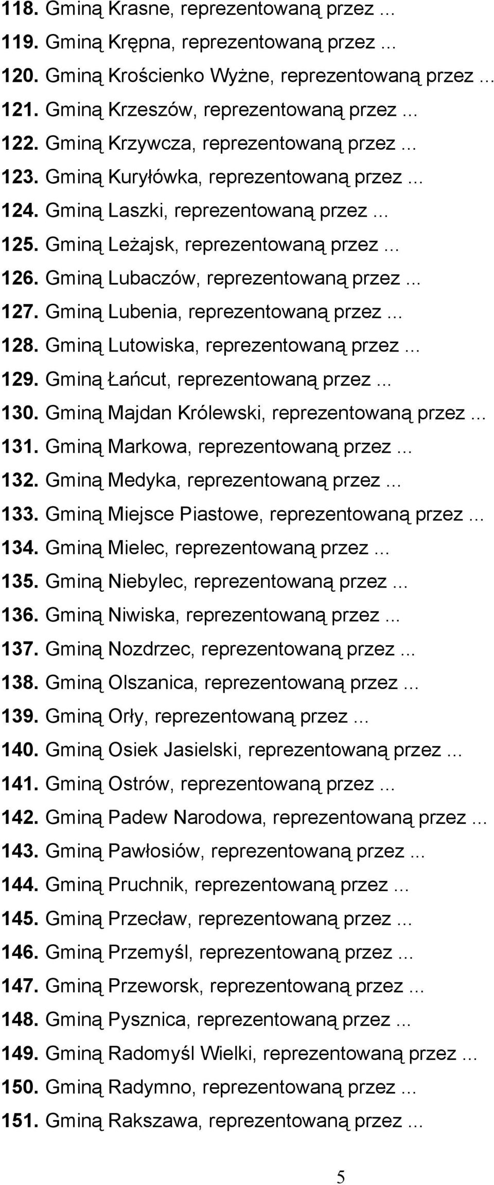 Gminą Lubaczów, reprezentowaną przez... 127. Gminą Lubenia, reprezentowaną przez... 128. Gminą Lutowiska, reprezentowaną przez... 129. Gminą Łańcut, reprezentowaną przez... 130.