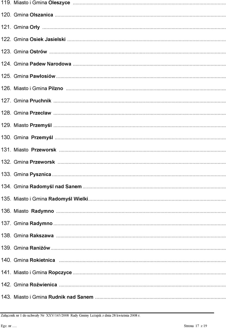 Gmina Przeworsk... 133. Gmina Pysznica... 134. Gmina Radomyśl nad Sanem... 135. Miasto i Gmina Radomyśl Wielki... 136. Miasto Radymno... 137. Gmina Radymno... 138.